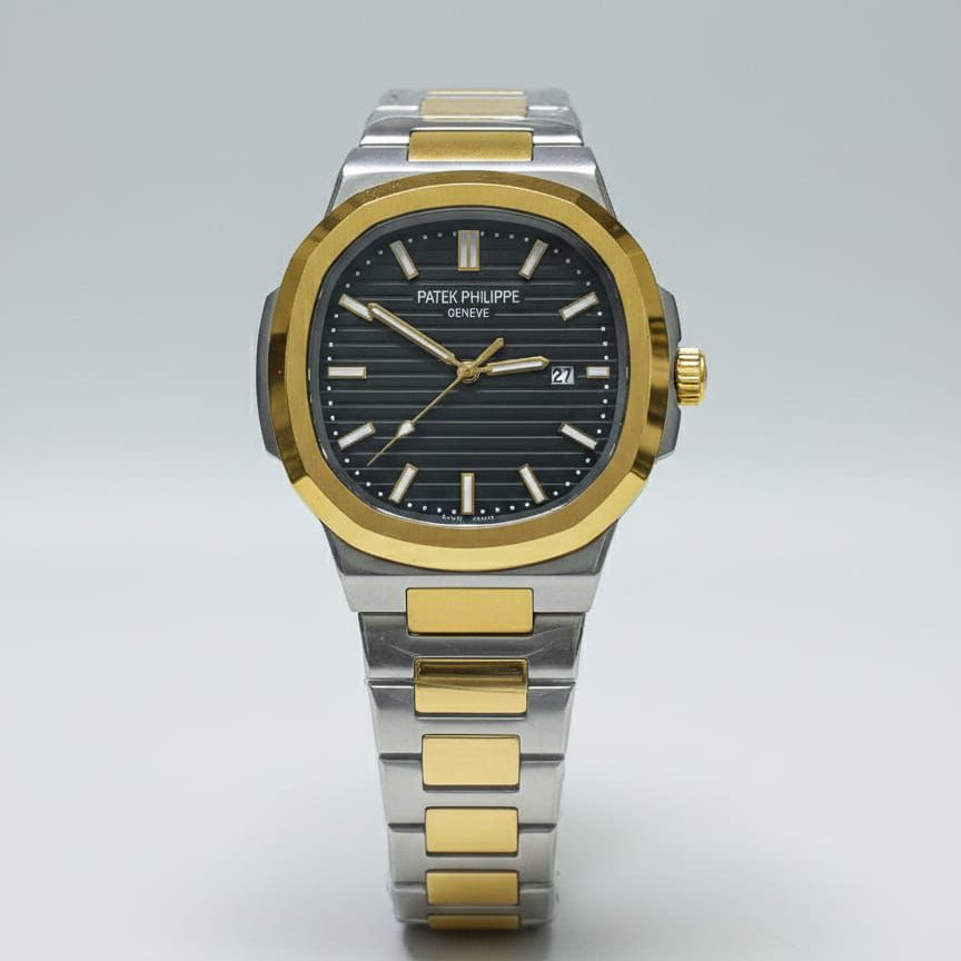 Patek Philippe Nautilus Quartz Black Dial With 2 Tone Chain